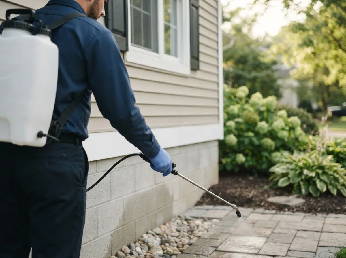 Pest control technician inspecting a home in Delia, KS